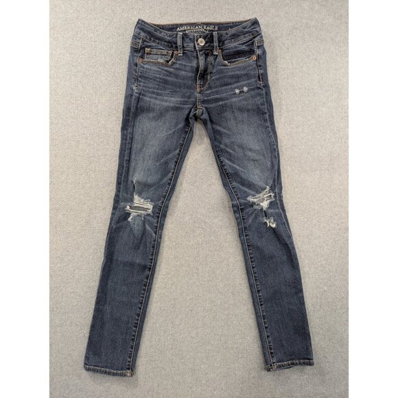 American Eagle Jeans Womens Size 2 Blue Skinny Embellished Flap Back Pockets - Picture 1 of 16